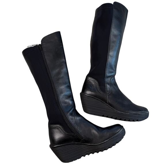 Fly London Black Leather Knee High Wedge Boots EU38/ US7-7.5 - Picture 1 of 12